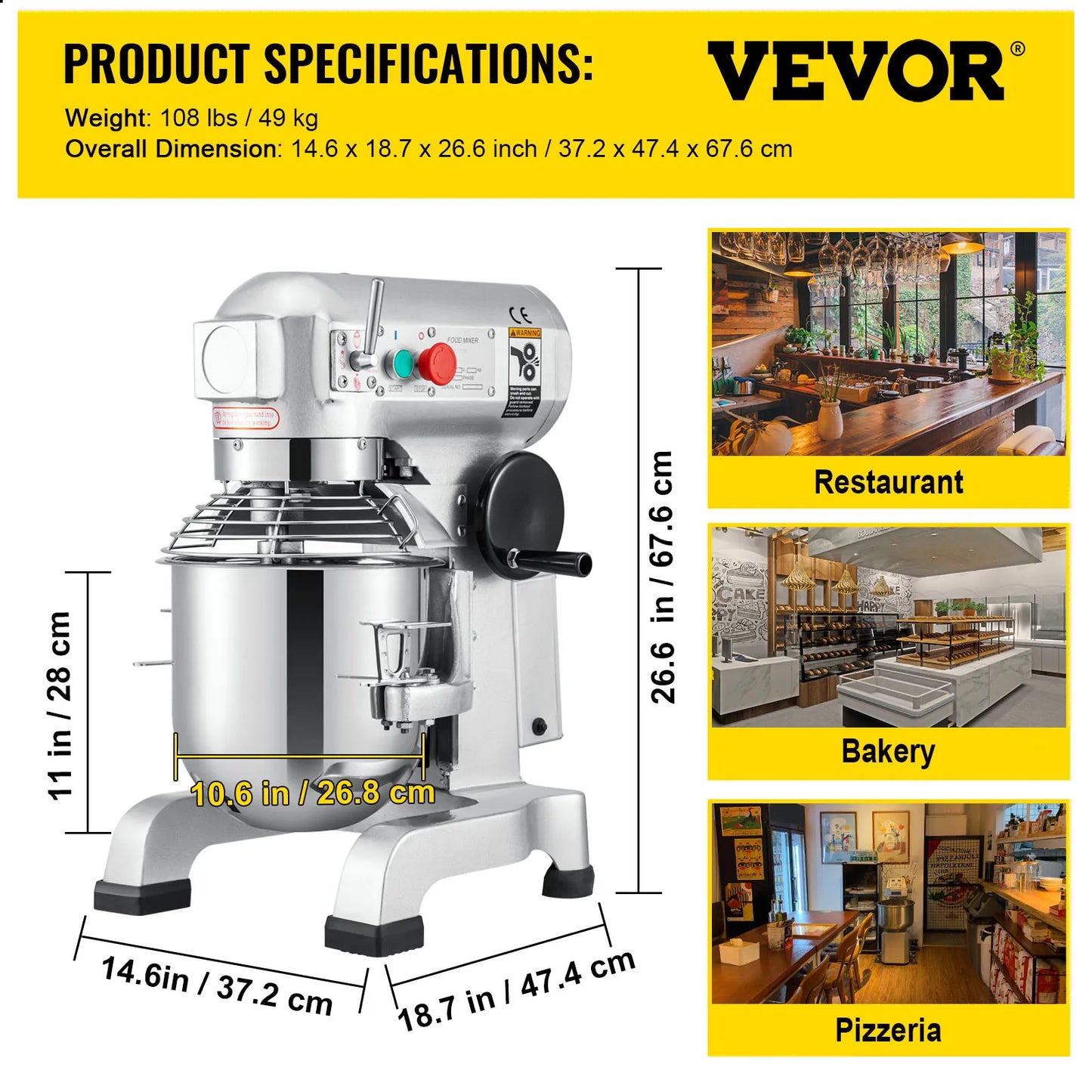 VEVOR Electric Dough Machine 10/15/20/30Qt Stainless Steel Commercial Cream Egg Whisk Mixer Processor Kitchen Food Stand Blender