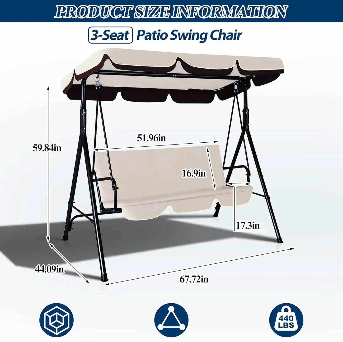 3 Seat Outdoor Porch Swing with Adjustable Canopy and Durable Metal Frame Garden Swing Chair