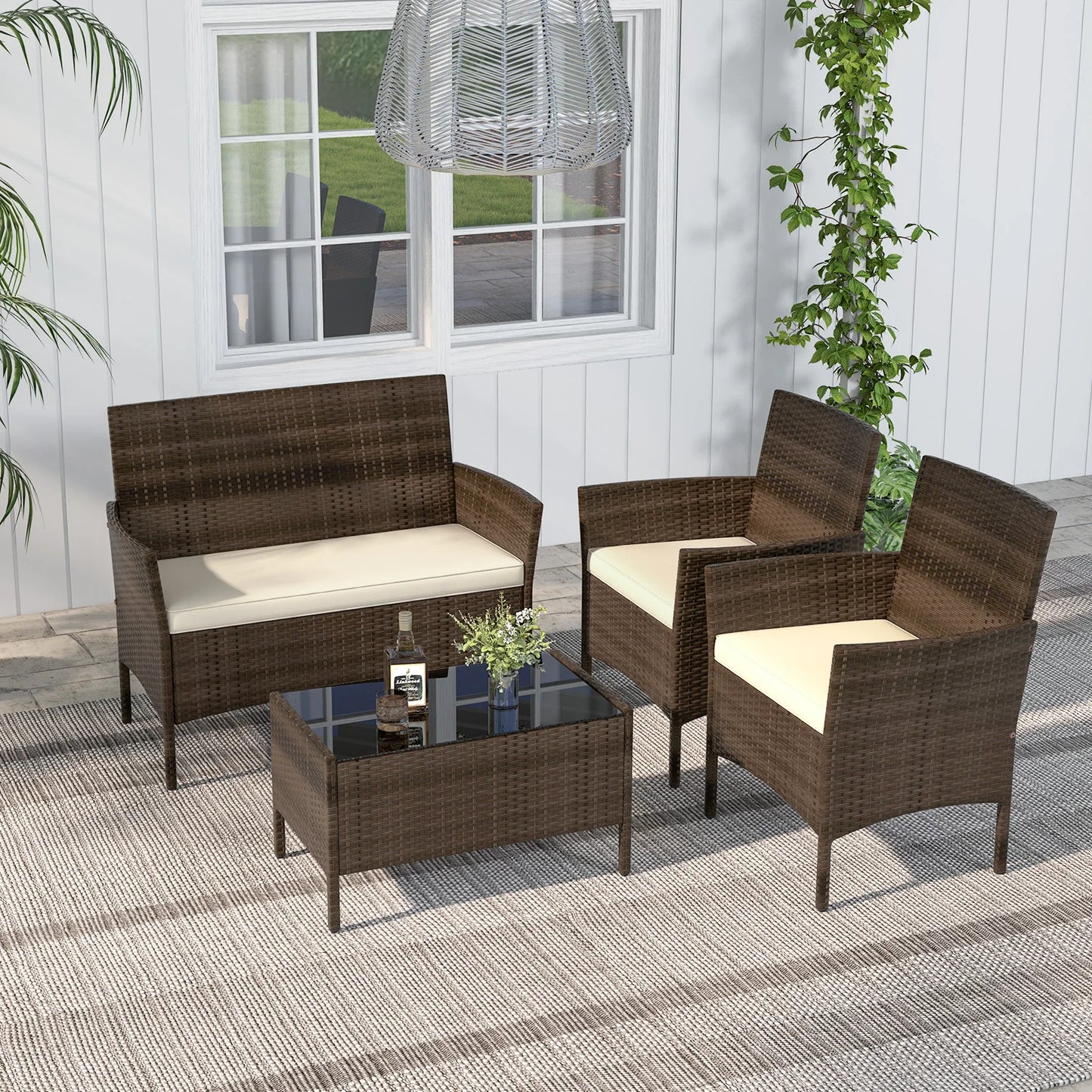 4 Patio Set With Washable Cushions And Glass Table Beige