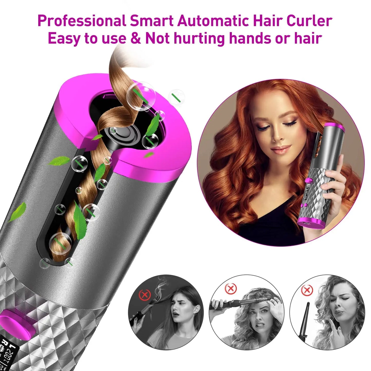 Cordless Curling Iron, USB Rechargeable, Ceramic Automatic Rotating Hair Curler with 6 Temps, Portable Hair Dryer Styler,Timers