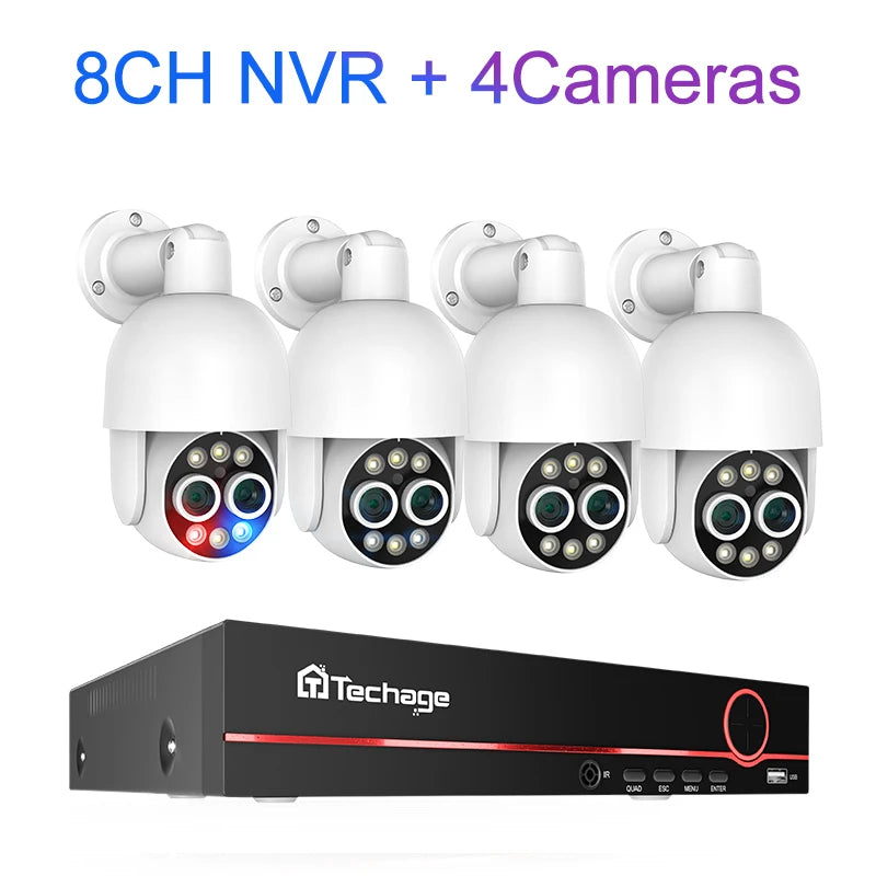 Techage 8CH PTZ 8MP Dual Lens PoE Security Camera System With 8X Zoom 4MP Two Way Audio NVR ONVIF Video Surveillance Kit