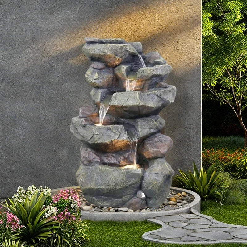 Resin Desktop Indoor Waterfall Fountain LED Tabletop Decor With Stacked Rocks