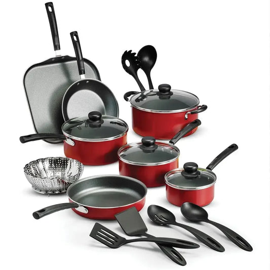 18-Piece Nonstick Cookware Set PrimaWare Collection Red Aluminum Lightweight Handles Glass Lids Dishwasher-Safe Gas Electric