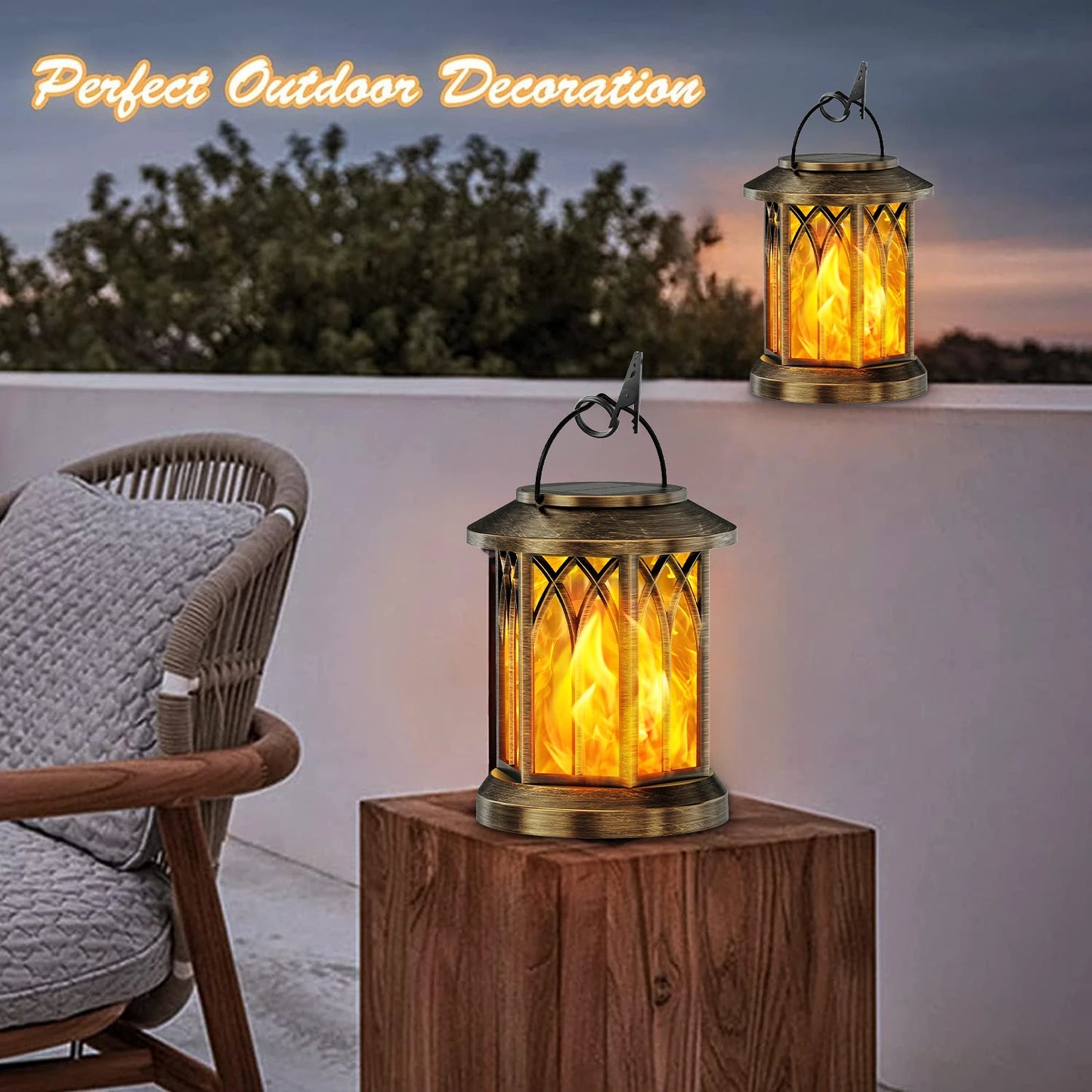2 Pack Solar Flickering Flame Hanging Lanterns Bronze