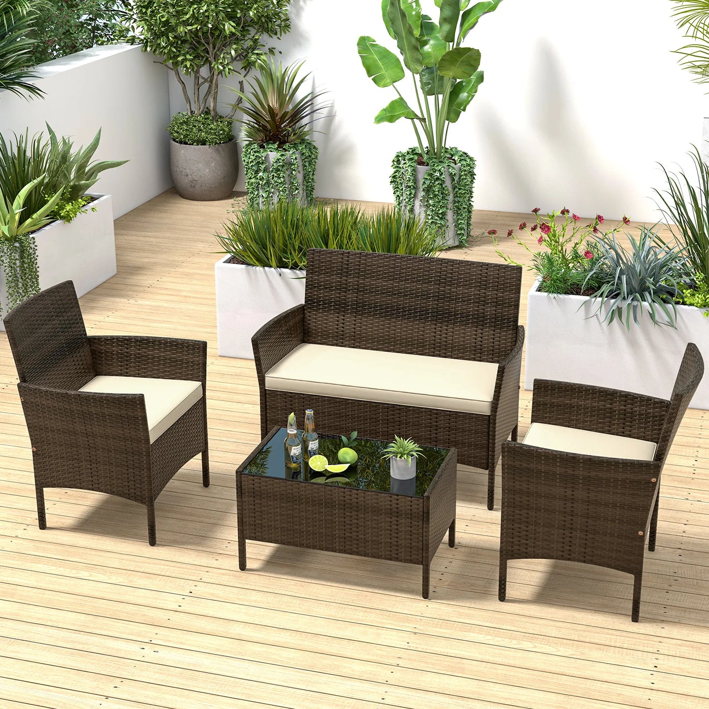 4 Patio Set With Washable Cushions And Glass Table Beige