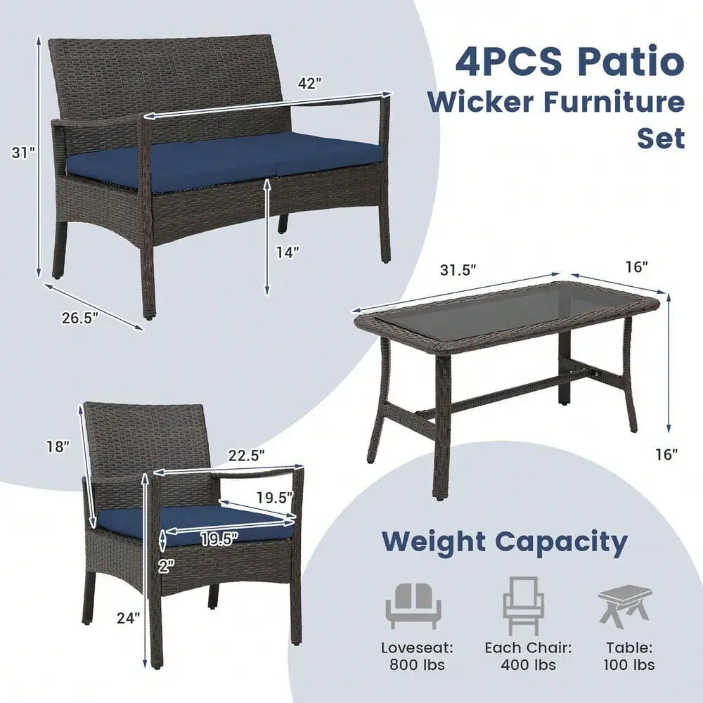 4 Pieces Patio PE Wicker Sofa with Tempered Glass Coffee Table for Porch and Backyard