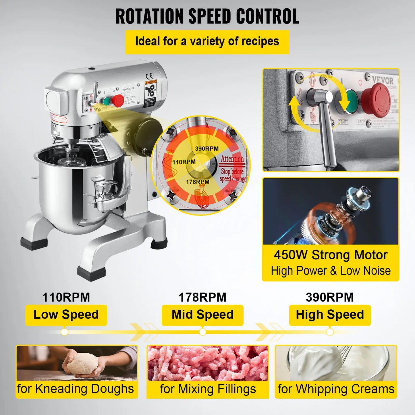VEVOR Electric Dough Machine 10/15/20/30Qt Stainless Steel Commercial Cream Egg Whisk Mixer Processor Kitchen Food Stand Blender