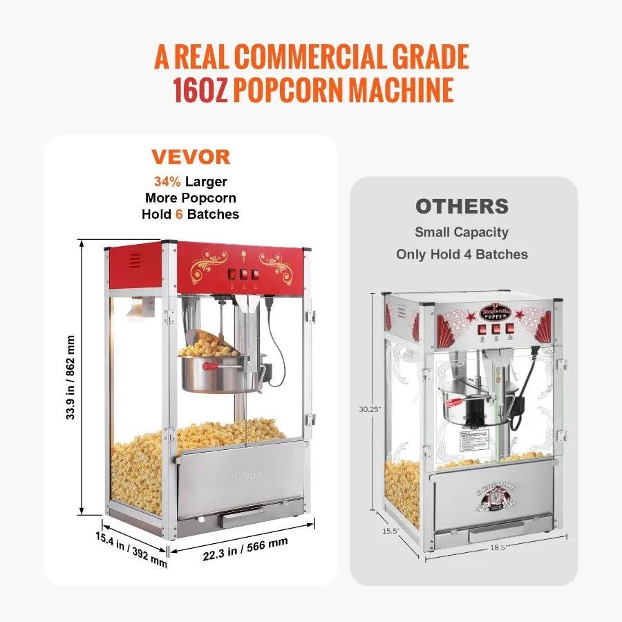 Electric 1615W Red Countertop Popcorn Popper Machine 16 Oz Popcorn Maker For Home Kitchen