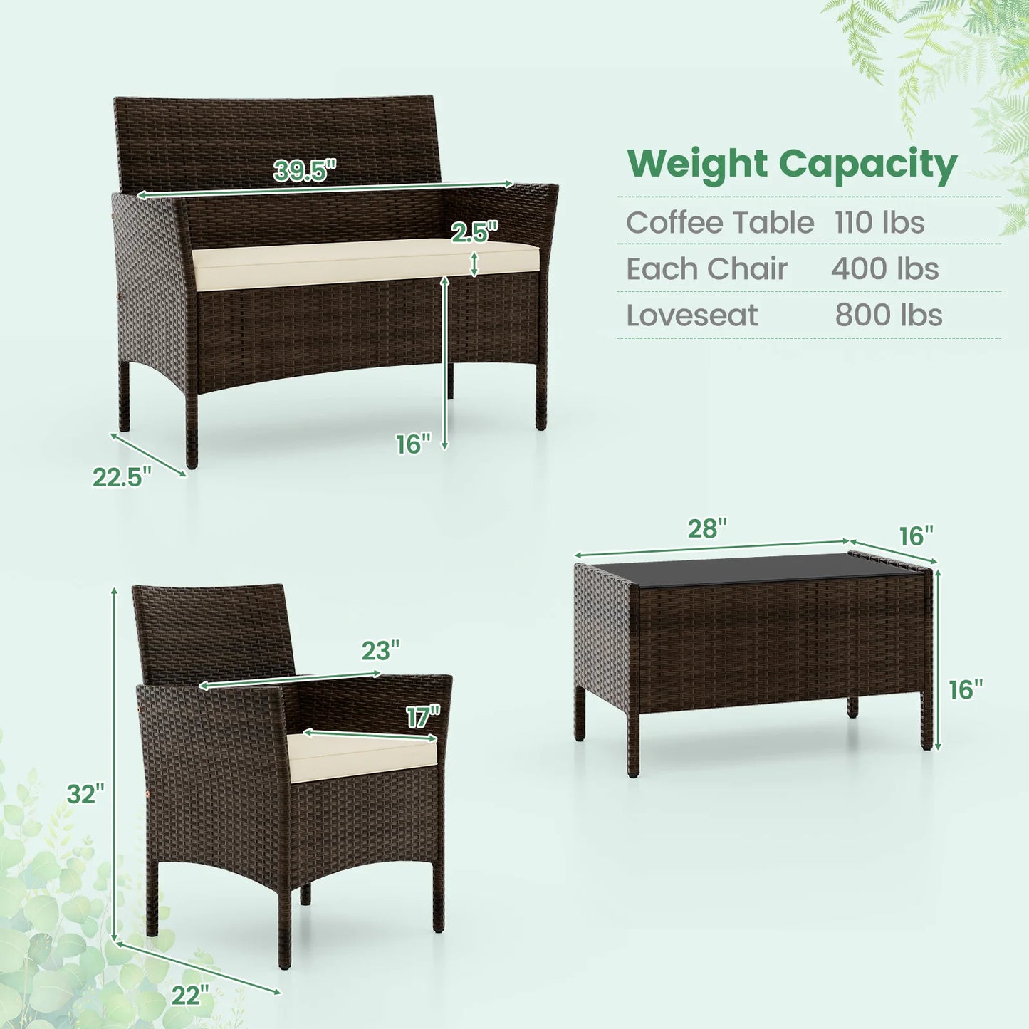 4 Patio Set With Washable Cushions And Glass Table Beige