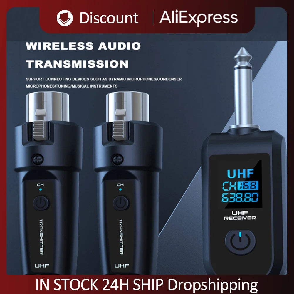 XLR Wireless Microphone System Transmitter and Receiver Adapter for Audio Mixer Dynamic Mic Electric Guitar Bass