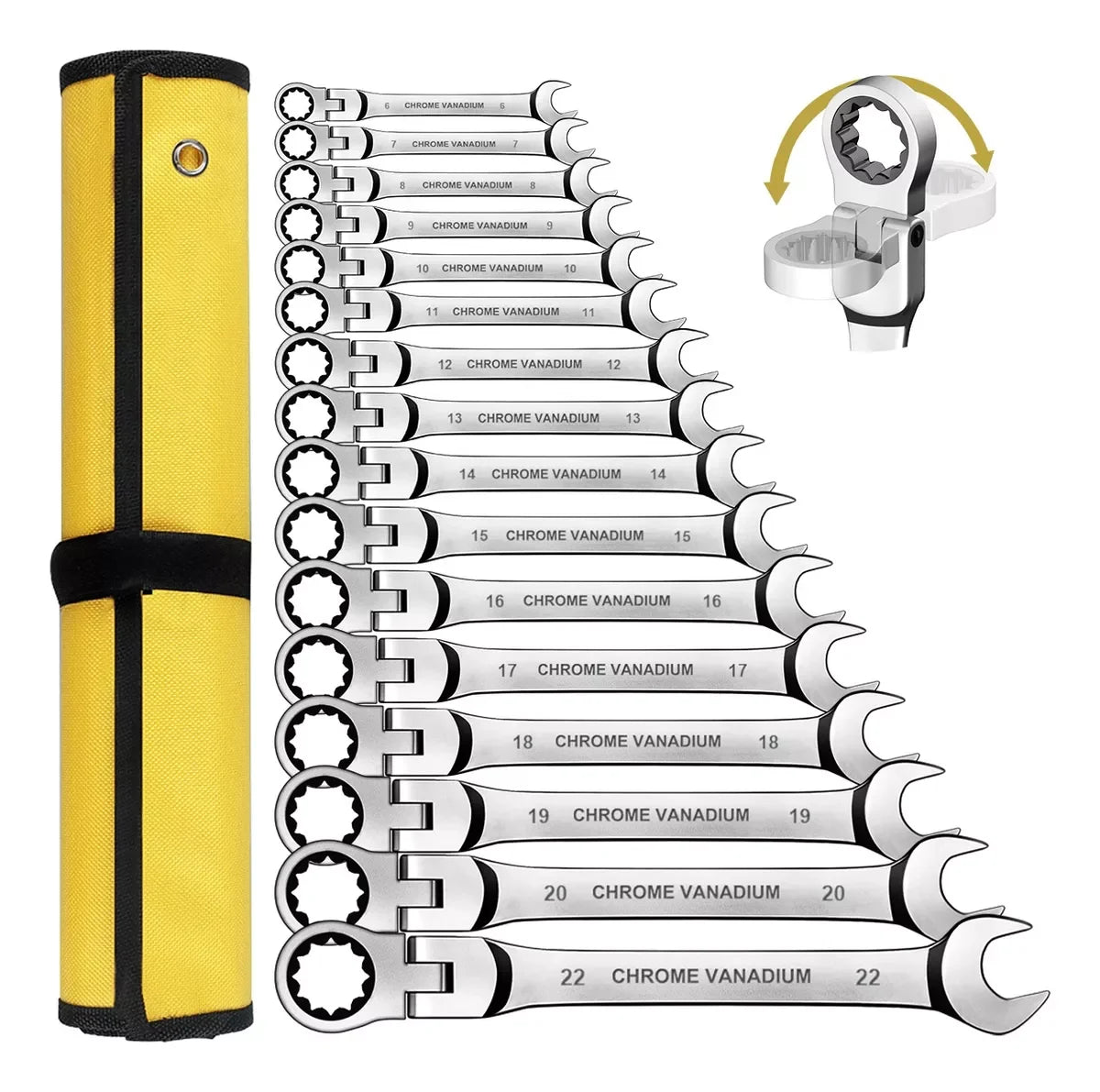 12 14 16 17pcs Flex Head Ratchet Wrench Set 6 26mm 72 Teeth Cr V Combination Ended Span Kit