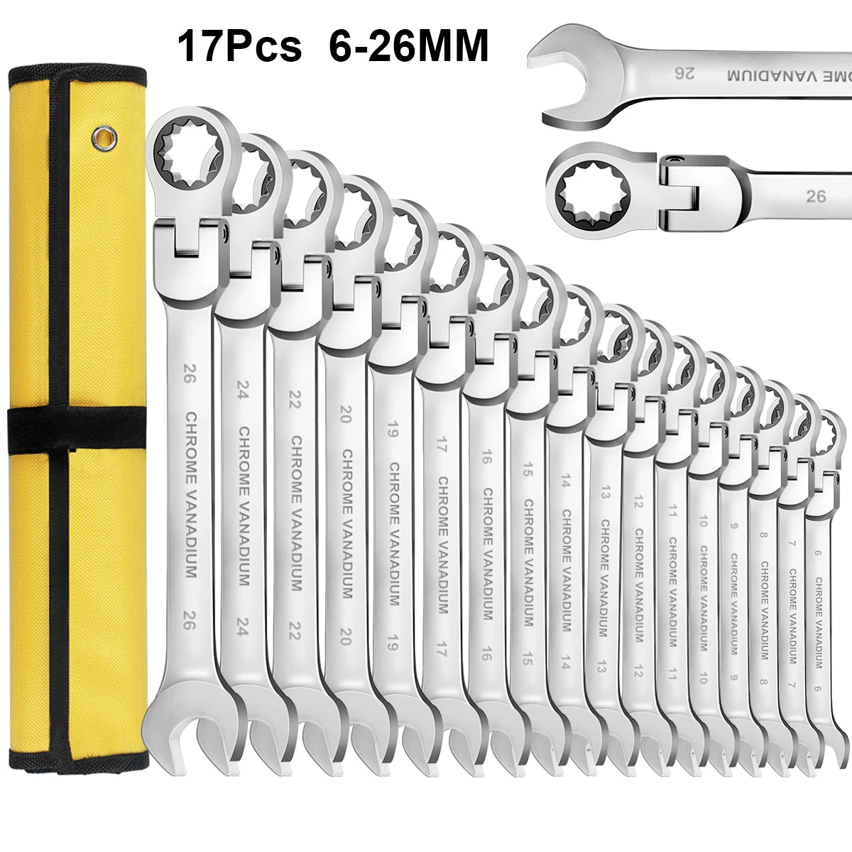 12 14 16 17pcs Flex Head Ratchet Wrench Set 6 26mm 72 Teeth Cr V Combination Ended Span Kit