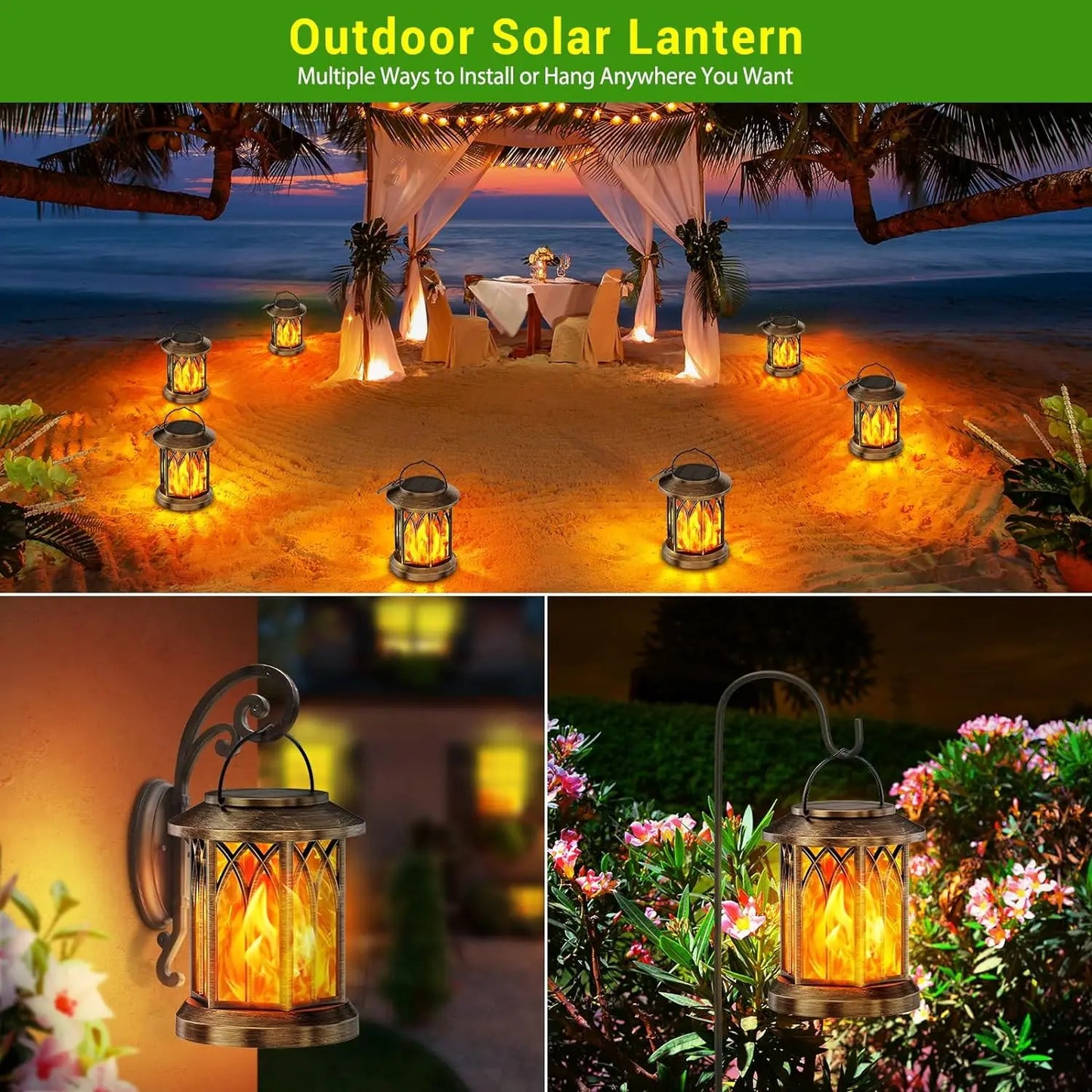 2 Pack Solar Flickering Flame Hanging Lanterns Bronze