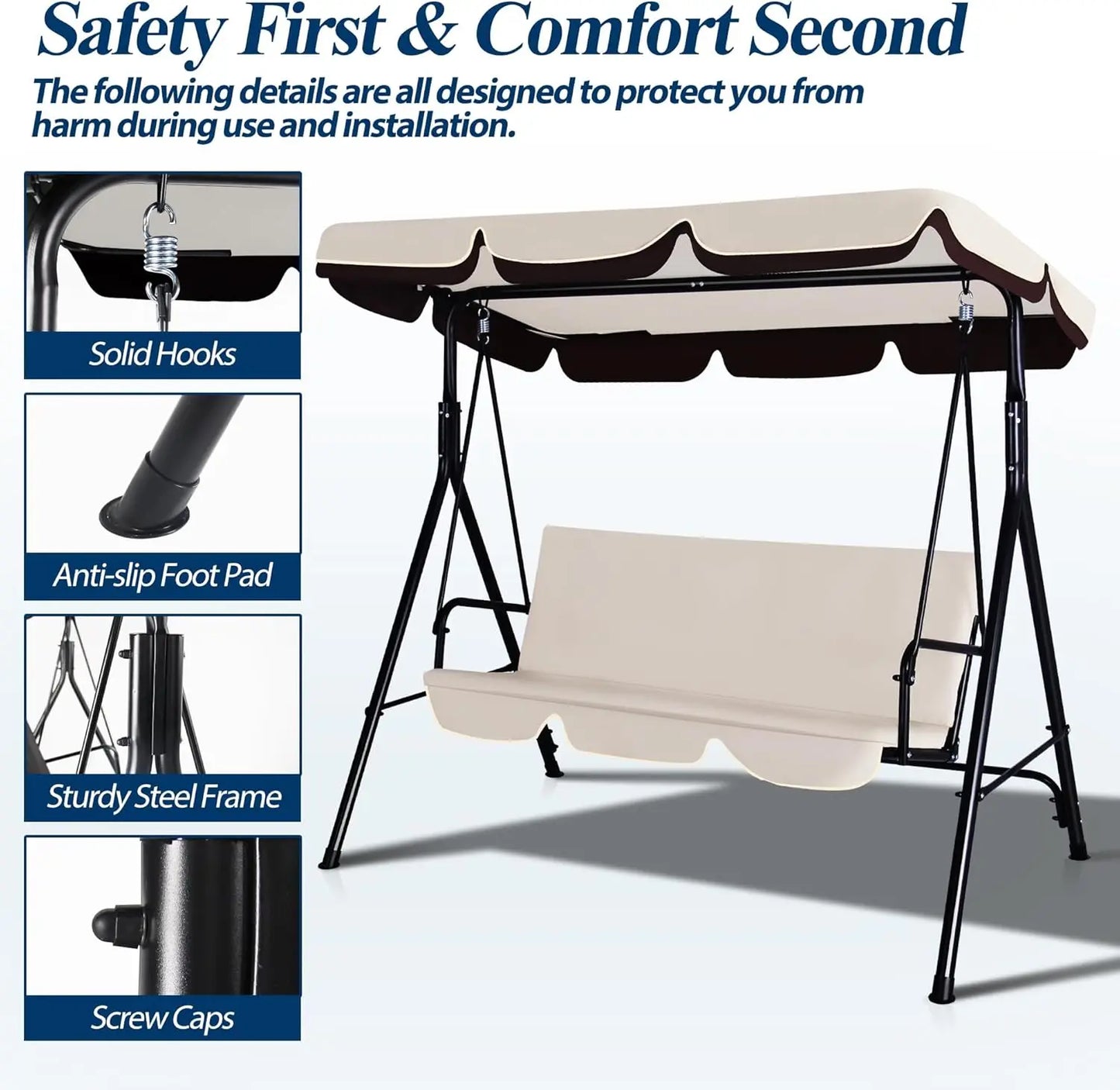 3 Seat Outdoor Porch Swing with Adjustable Canopy and Durable Metal Frame Garden Swing Chair