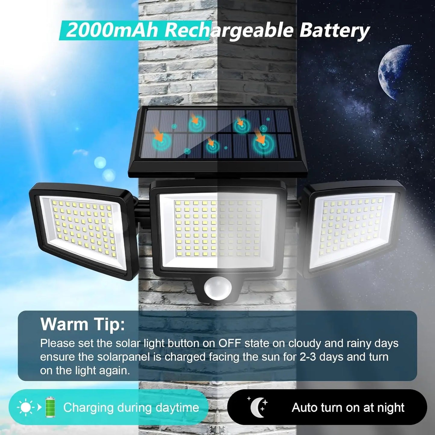 IP65 Waterproof Triple Head Outdoor Solar Light 2500LM