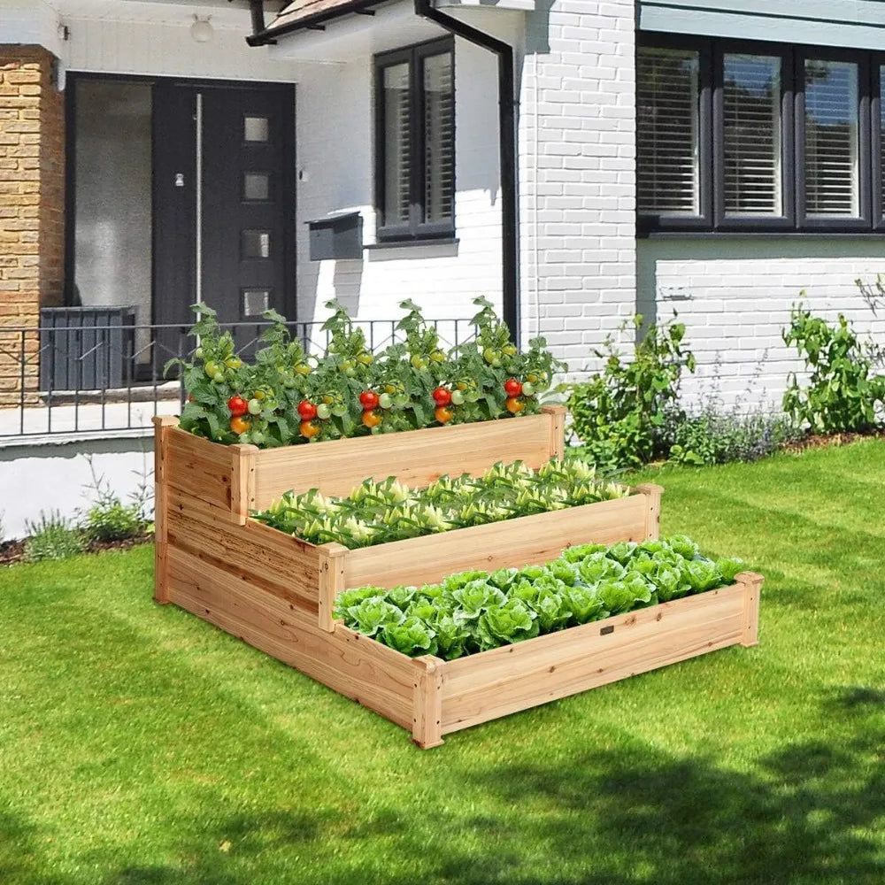Giantex 3 Tier Raised Garden Bed Outdoor Planter Box Vegetable Flower Growing Box Elevated Wood Planting Kit