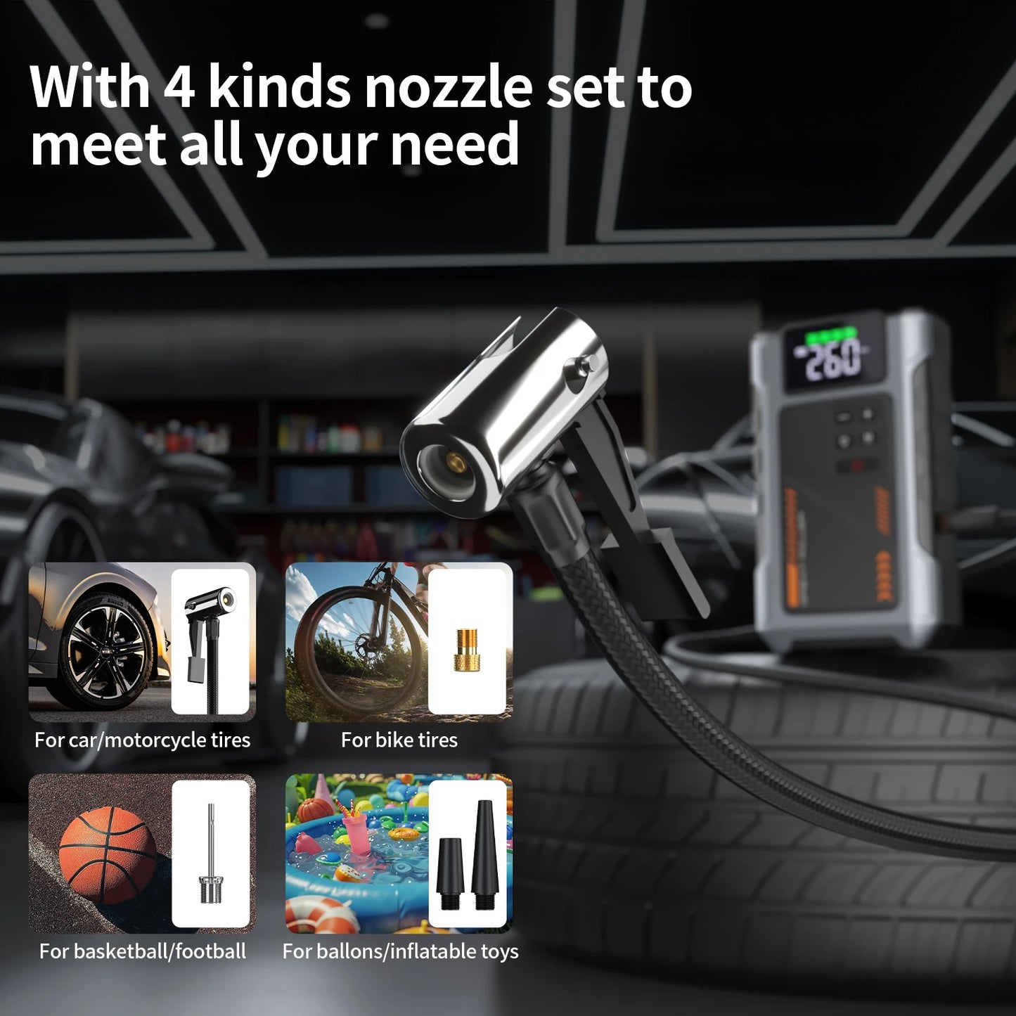 Portable Car Jump Starter With Air Compressor 3000A Peak For 7.5L Gas And 6.5L Diesel Battery Pack With 150 PSI Tire Inflator