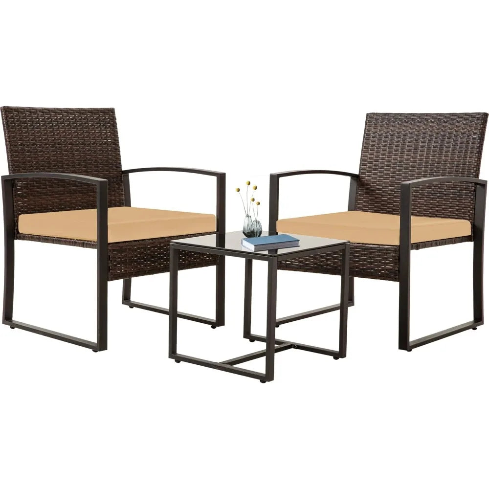 3 Pieces Patio Bistro Sets, Outdoor Wicker Furniture Set,Rattan Conversation with Coffee Table for Yard Balcony Garden,Brown Cus