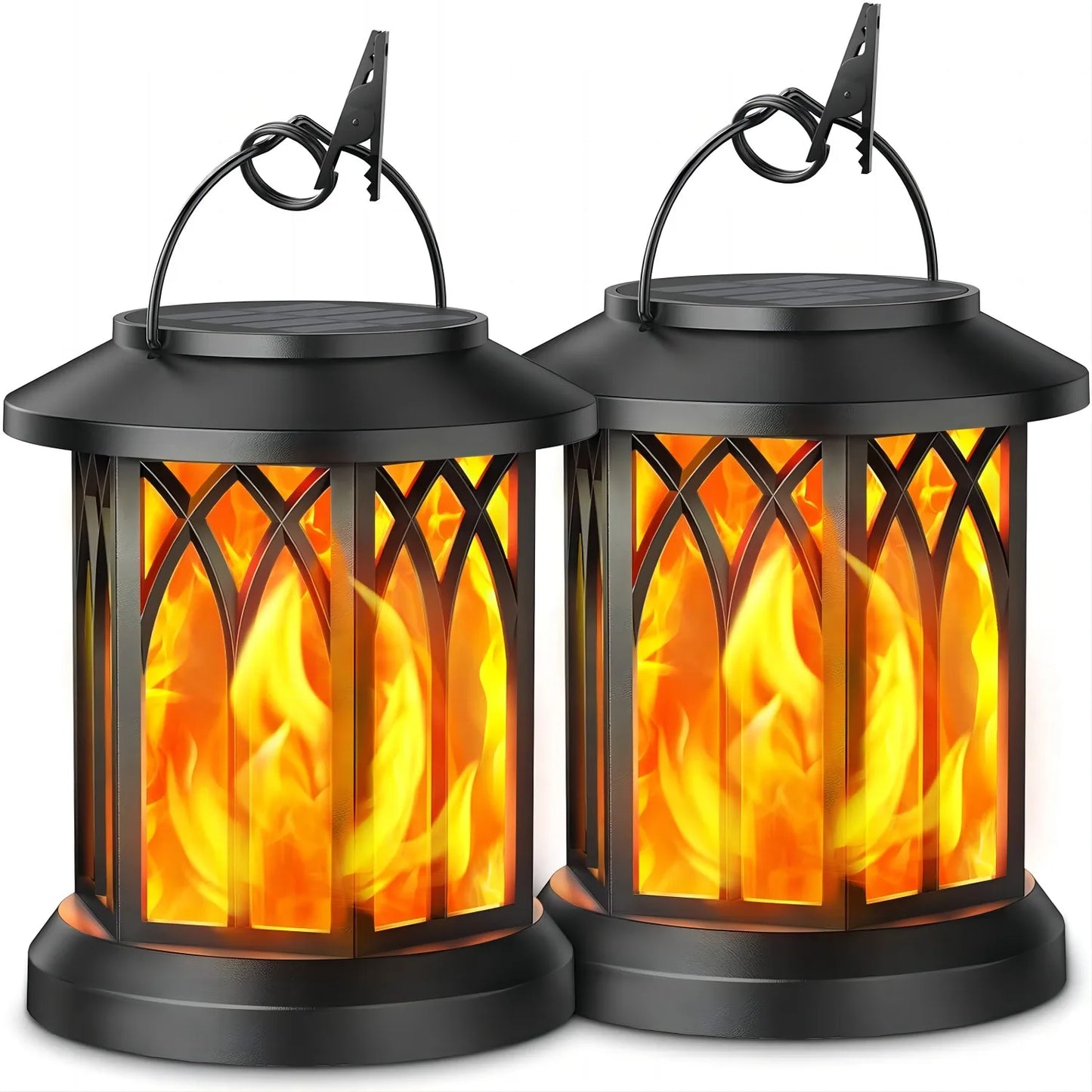 2 Pack Solar Flickering Flame Hanging Lanterns Bronze