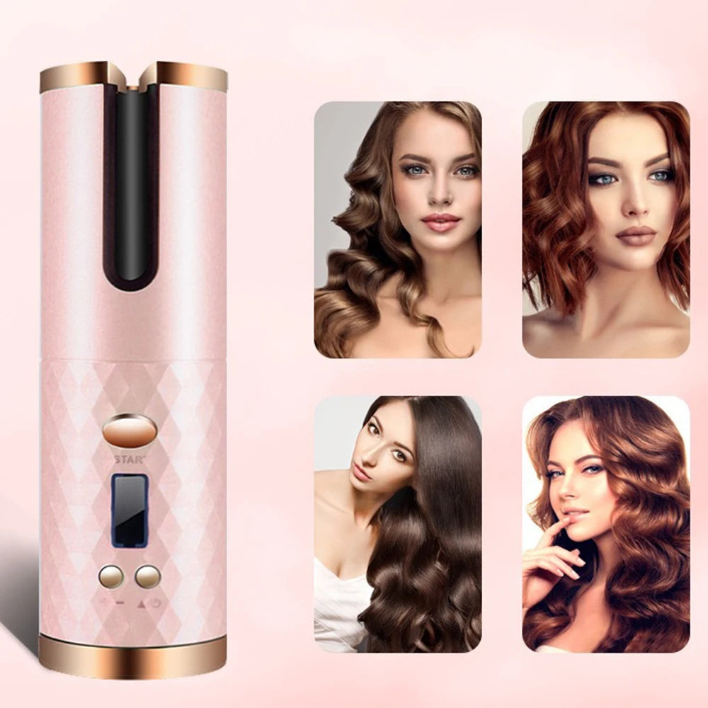 Cordless Curling Iron, USB Rechargeable, Ceramic Automatic Rotating Hair Curler with 6 Temps, Portable Hair Dryer Styler,Timers