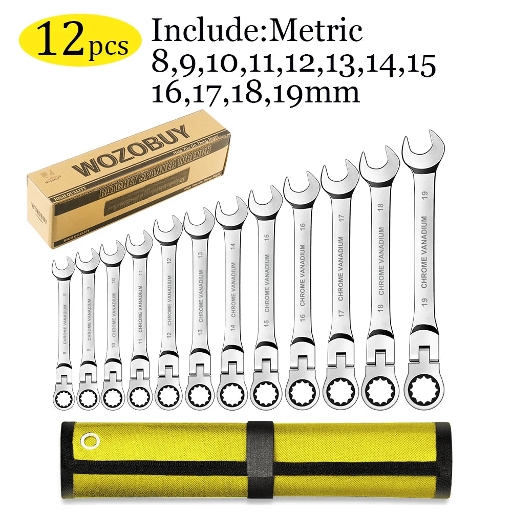 12 14 16 17pcs Flex Head Ratchet Wrench Set 6 26mm 72 Teeth Cr V Combination Ended Span Kit