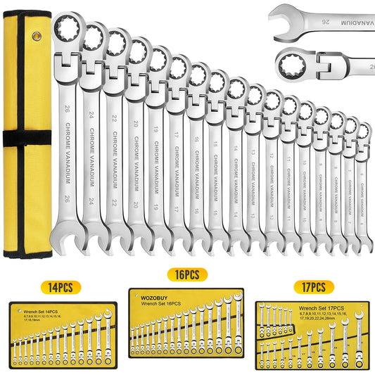 12 14 16 17pcs Flex Head Ratchet Wrench Set 6 26mm 72 Teeth Cr V Combination Ended Span Kit