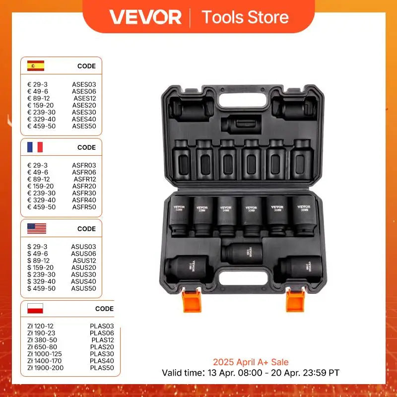 VEVOR 1/2 Inch Drive Impact Socket Set 9 Piece and 11 Piece Deep Socket Set SAE Metric Cr-Mo Cr-V Alloy Steel for Auto Repair Ratchet Tool Kit
