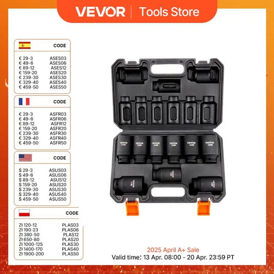 VEVOR 1/2 Inch Drive Impact Socket Set 9 Piece and 11 Piece Deep Socket Set SAE Metric Cr-Mo Cr-V Alloy Steel for Auto Repair Ratchet Tool Kit