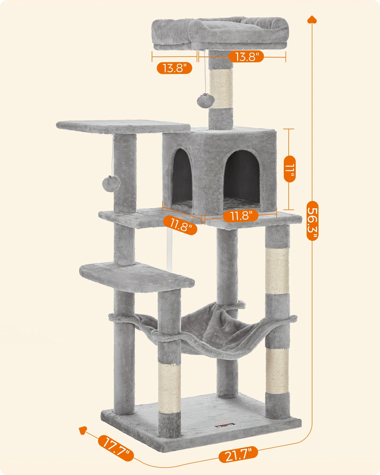 Feandrea 56 Inch Multi Level Cat Tree Condo With Hammock