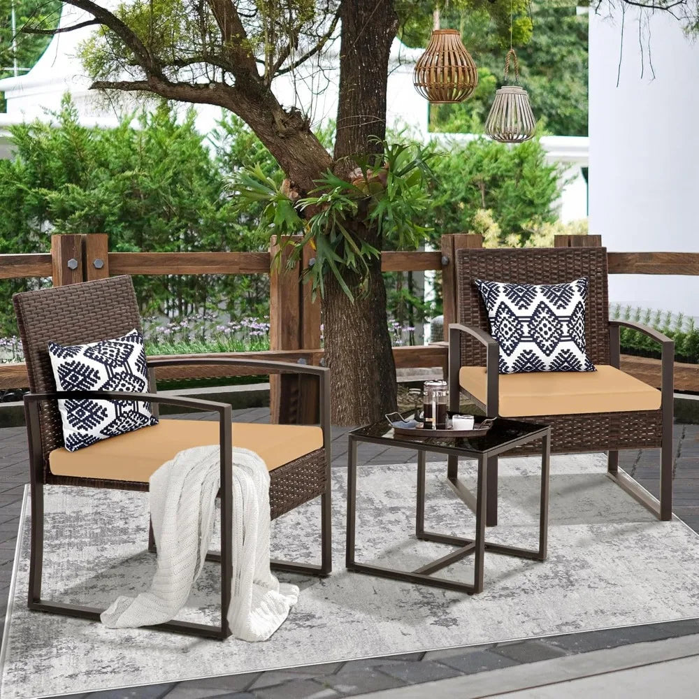 3 Pieces Patio Bistro Sets, Outdoor Wicker Furniture Set,Rattan Conversation with Coffee Table for Yard Balcony Garden,Brown Cus