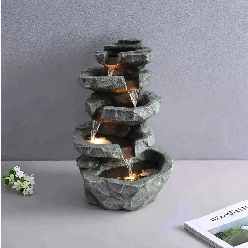 Resin Desktop Indoor Waterfall Fountain LED Tabletop Decor With Stacked Rocks