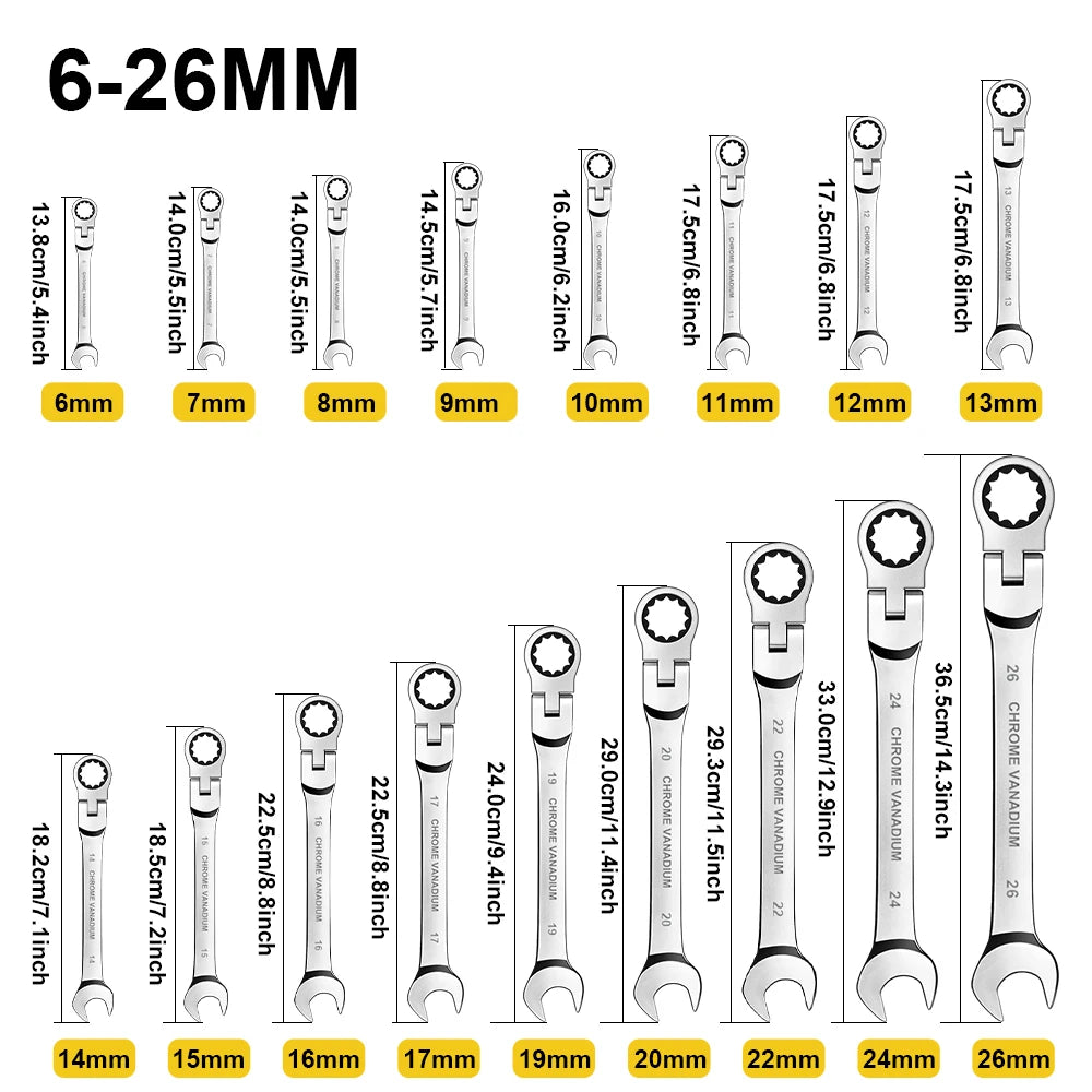 12 14 16 17pcs Flex Head Ratchet Wrench Set 6 26mm 72 Teeth Cr V Combination Ended Span Kit