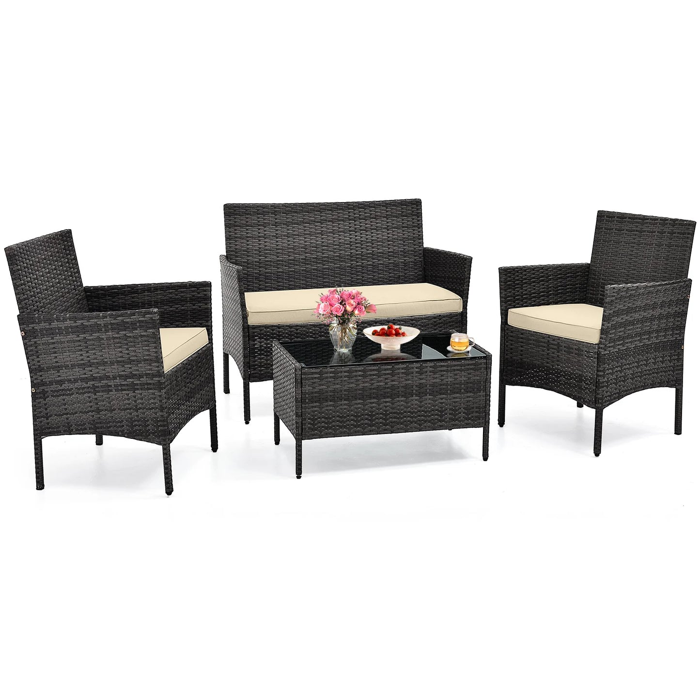 4 Patio Set With Washable Cushions And Glass Table Beige