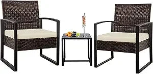 3 Pieces Patio Bistro Sets, Outdoor Wicker Furniture Set,Rattan Conversation with Coffee Table for Yard Balcony Garden,Brown Cus