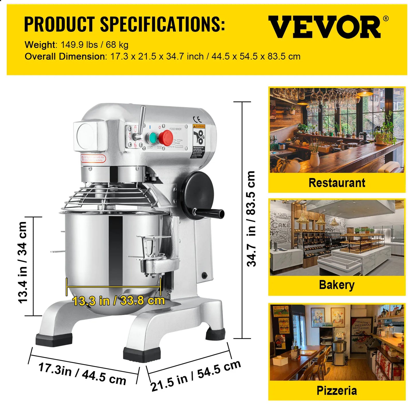 VEVOR Electric Dough Machine 10/15/20/30Qt Stainless Steel Commercial Cream Egg Whisk Mixer Processor Kitchen Food Stand Blender